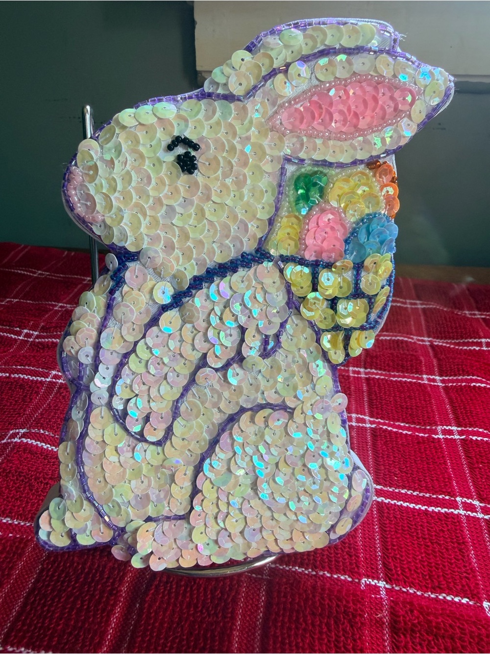 Sequin Easter Bunny trinket box - Iridescent White with Pastel Accents